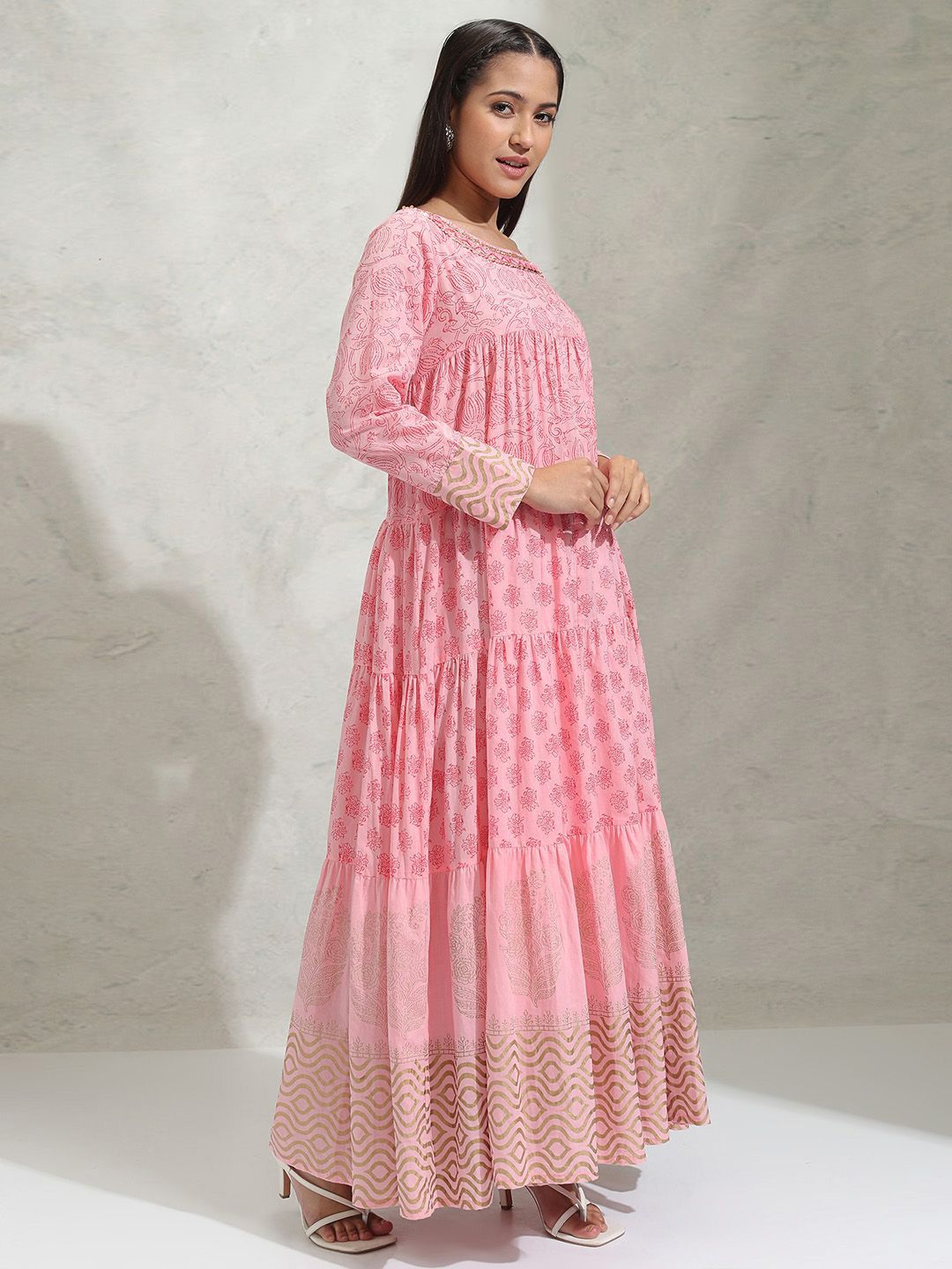 Vishudh Ethnic Motif A-line Tiered Maxi Dress With Dupatta