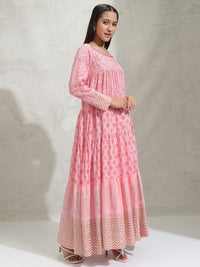 Vishudh Ethnic Motif A-line Tiered Maxi Dress With Dupatta