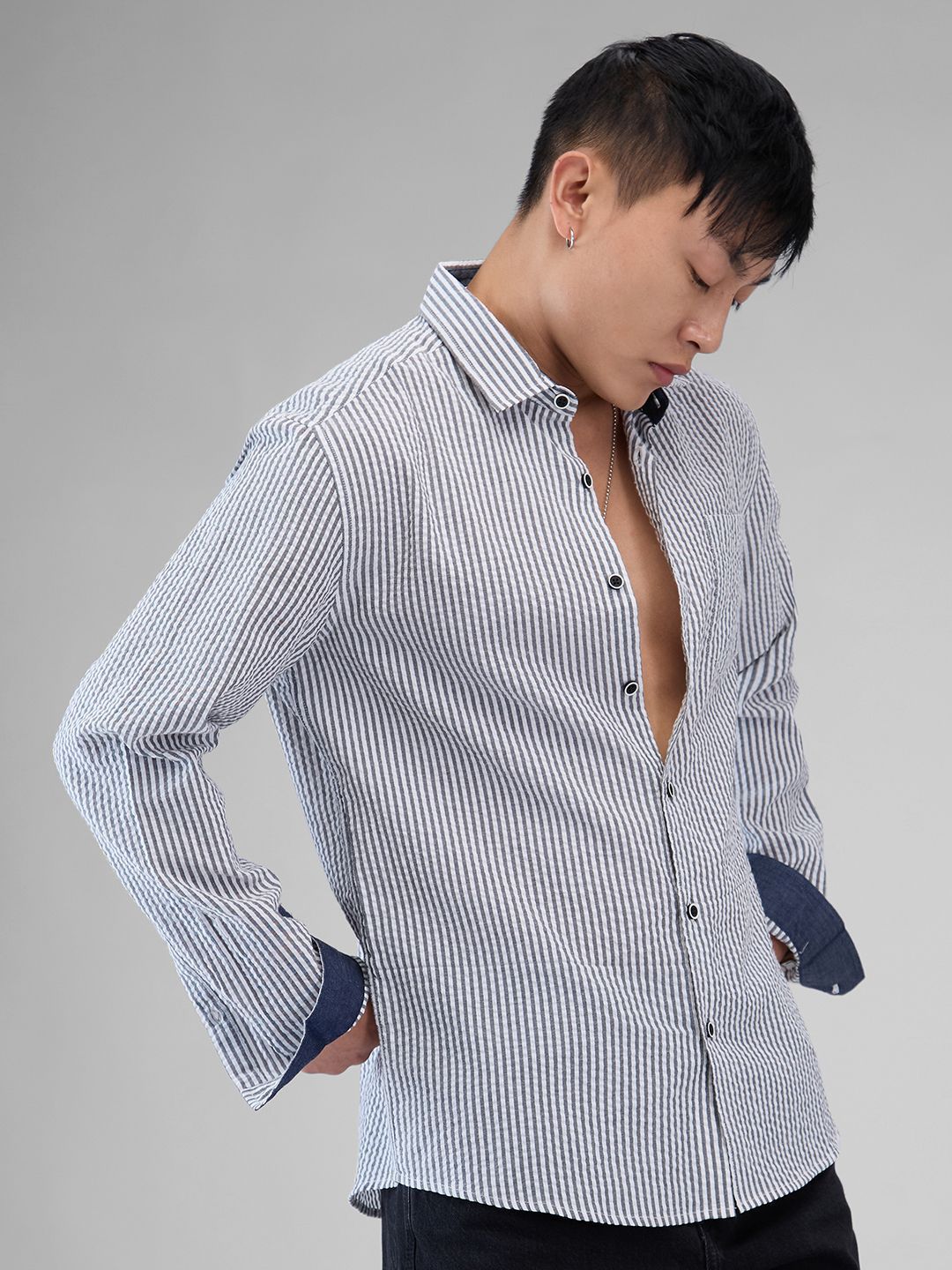 VASTRADO Men Classic Slim Fit Pinstripes Opaque Striped Casual Shirt
