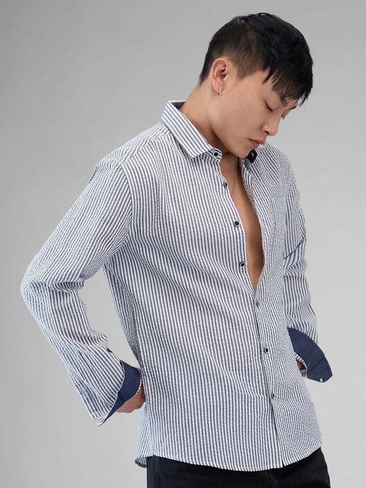 VASTRADO Men Classic Slim Fit Pinstripes Opaque Striped Casual Shirt
