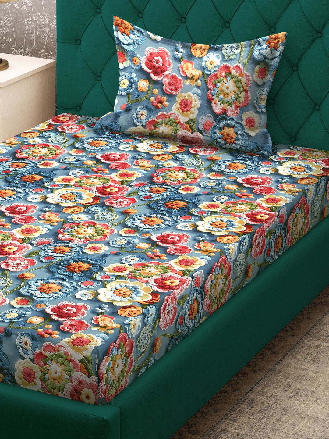 KLOTTHE Biru & Merah Bercetak Bunga Dilengkapi Cadar 7D Single 300TC Dengan Sarung Bantal
