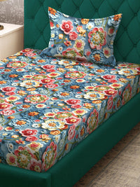 KLOTTHE Biru & Merah Bercetak Bunga Dilengkapi Cadar 7D Single 300TC Dengan Sarung Bantal