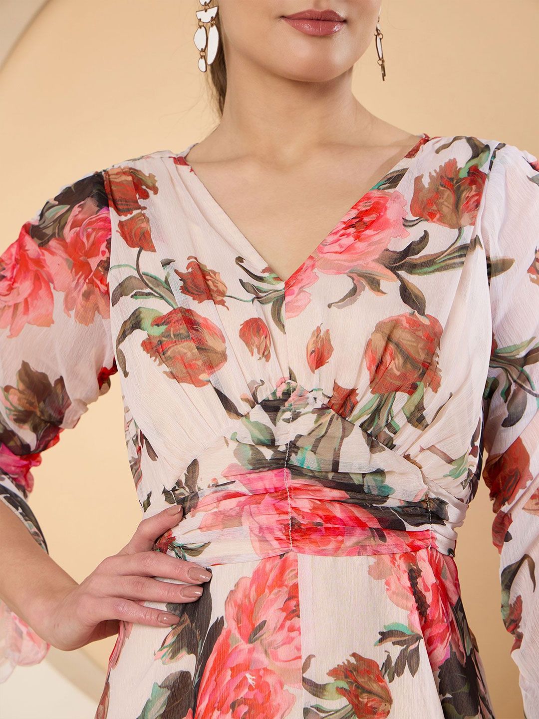 Antheaa Floral Print Chiffon Fit & Flare Midi Dress