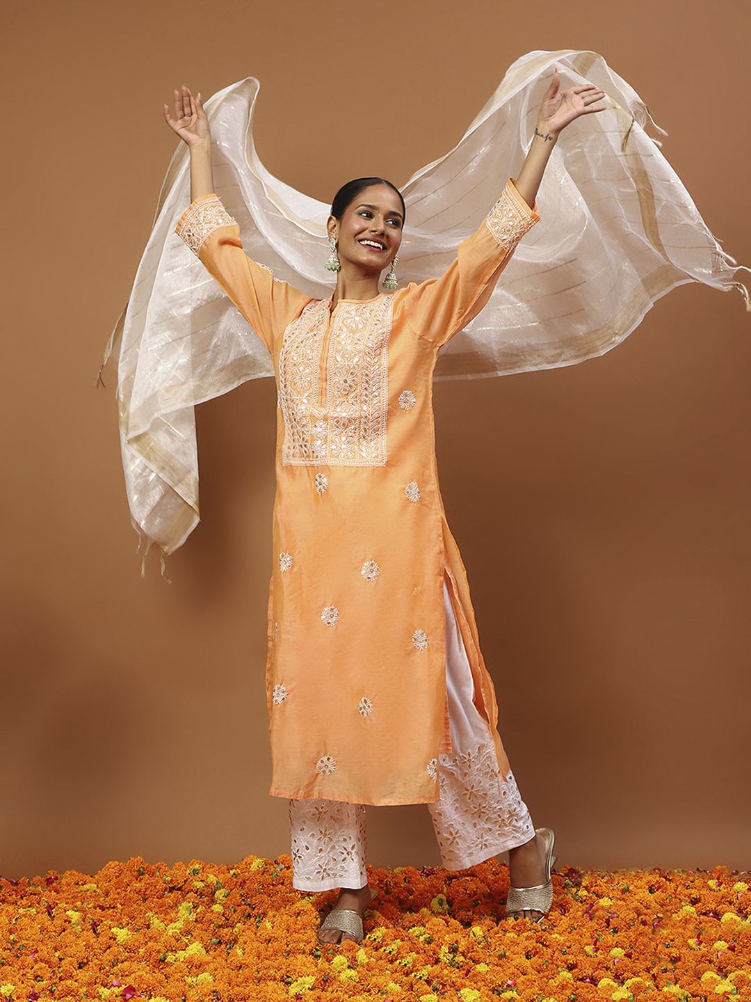 House of Chikankari Women Orange Chanderi Chikankari Embroidered Kurta Set