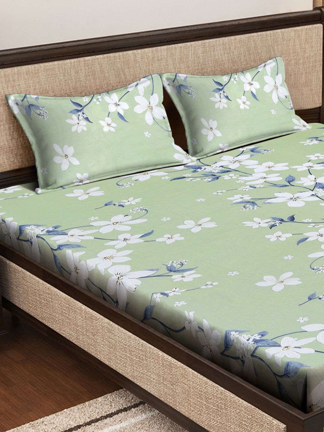 Myntra Elegant Homes Green Floral Cotton 400 TC King Cadar Superfine & 2 Sarung Bantal