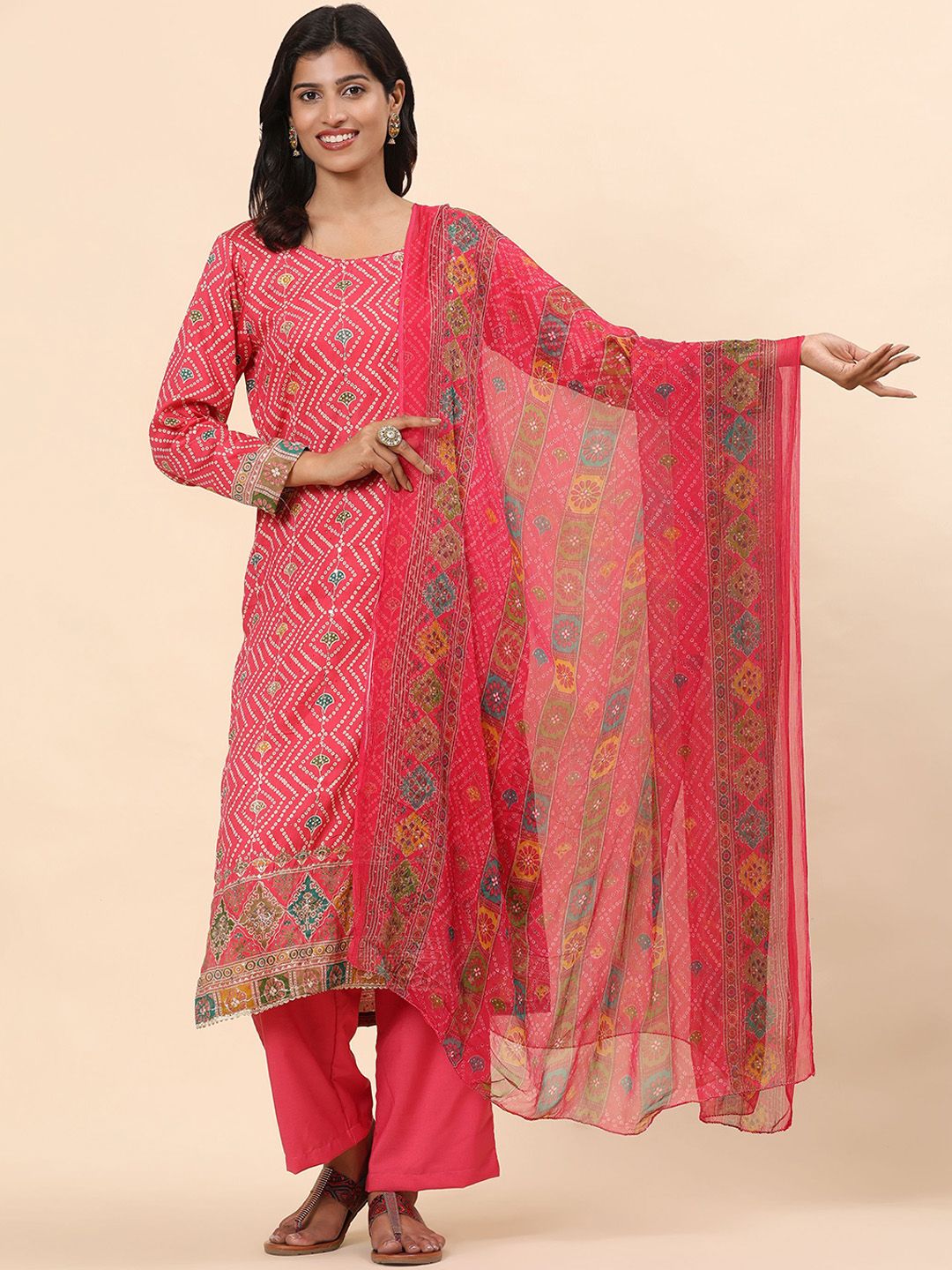 Mamicha Women Bandhani Printed Regular Sequinned Pure Cotton Kurta with Trousers & With Dupatta