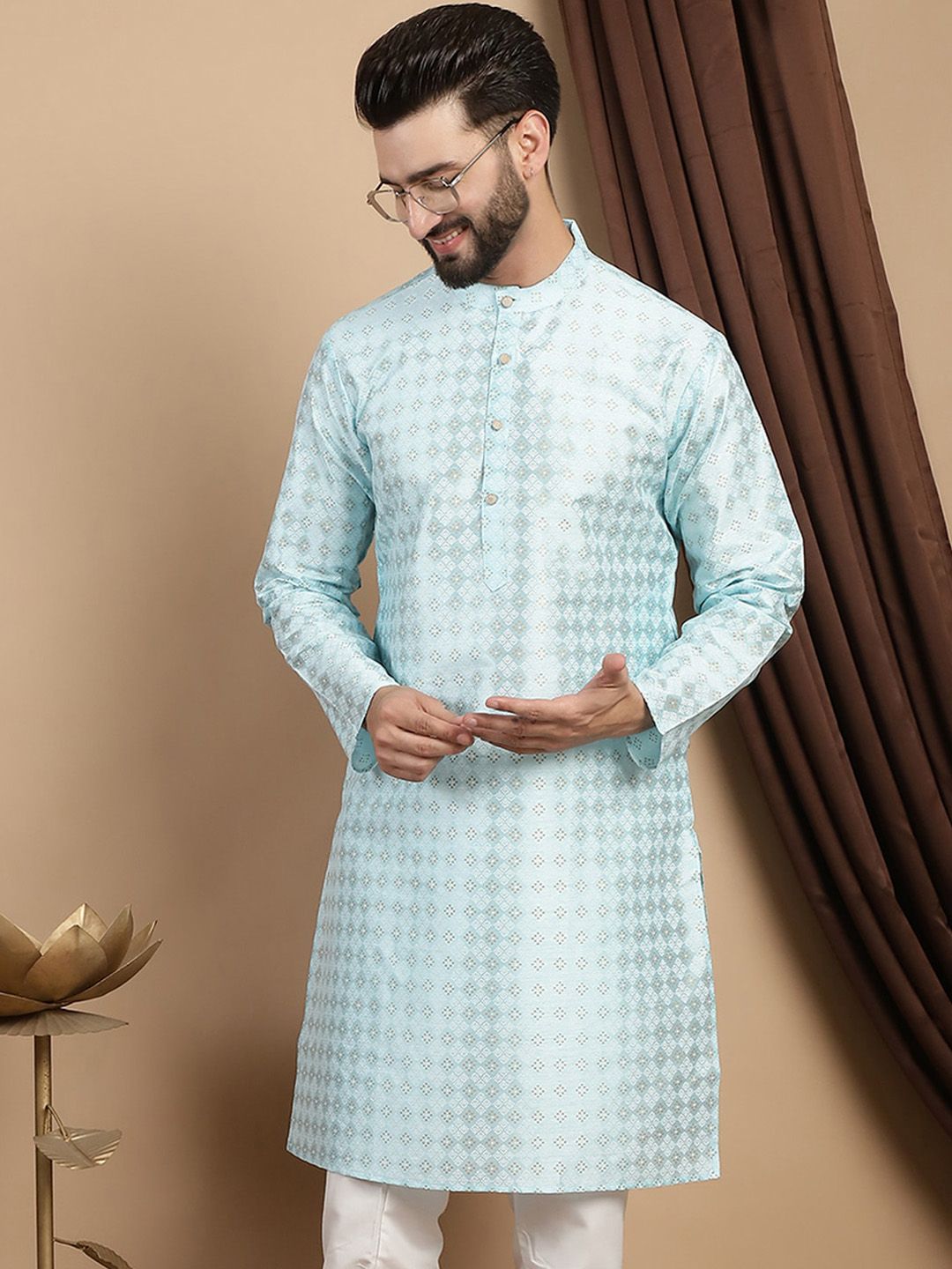 Anouk Turquoise Blue Ethnic Motifs Woven Design Mandarin Collar Kurta