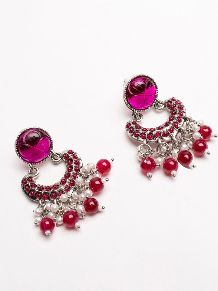 PANASH Silver-Plated Stones Studded And Beaded Contemporary Shaped Oxidized Drop Earrings