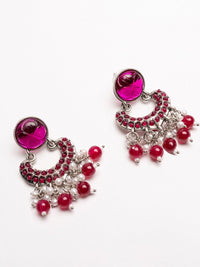 PANASH Silver-Plated Stones Studded And Beaded Contemporary Shaped Oxidized Drop Earrings