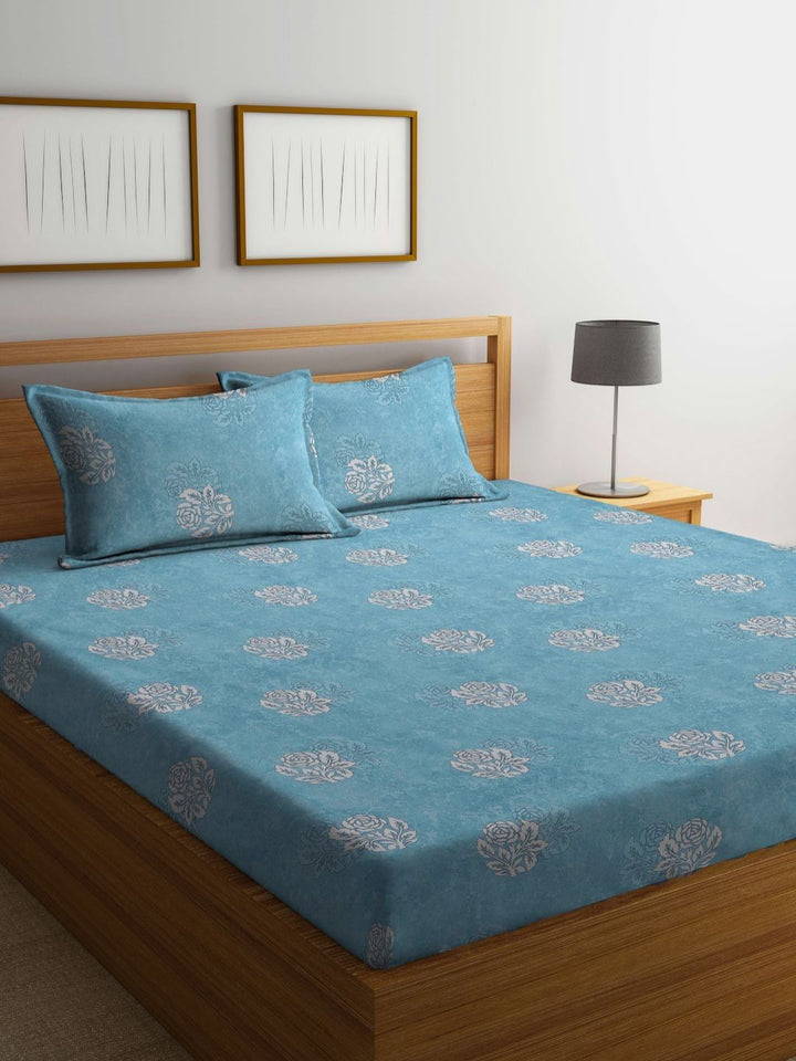 Myntra Elegant Homes Turquoise Blue Floral Pure Cotton 400 TC King Superfine Bedsheet dengan 2 Sarung Bantal-98 x 87 inci