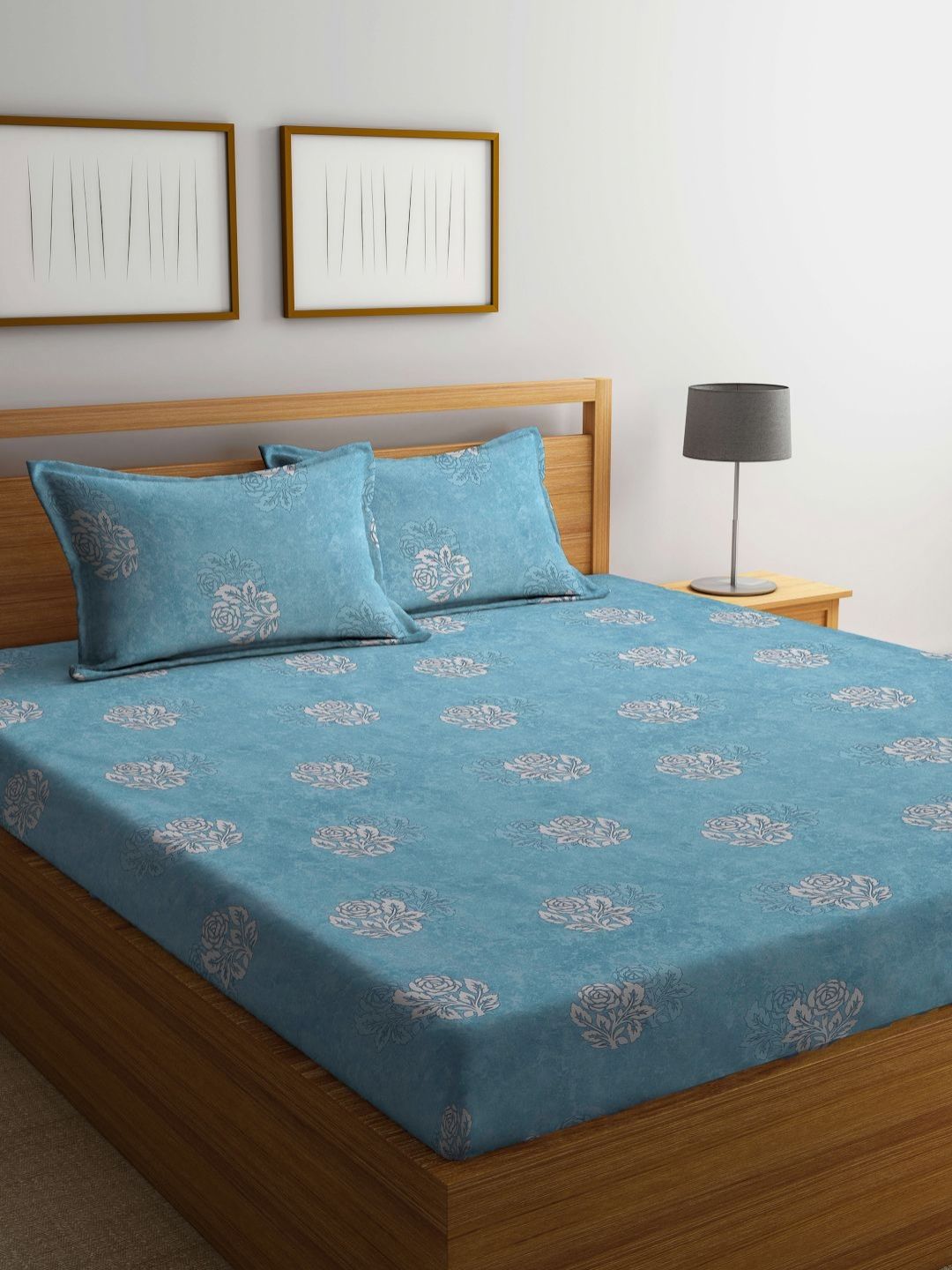 Myntra Elegant Homes Turquoise Blue Floral Pure Cotton 400 TC King Superfine Bedsheet dengan 2 Sarung Bantal-98 x 87 inci