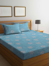 Myntra Elegant Homes Turquoise Blue Floral Pure Cotton 400 TC King Superfine Bedsheet dengan 2 Sarung Bantal-98 x 87 inci