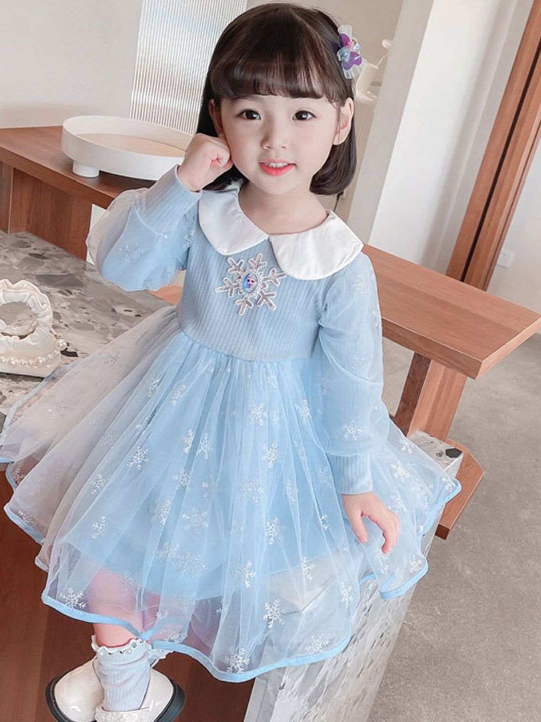 YK Girls Frozen Self Design Peter Pan Collar Fit & Flare Dress