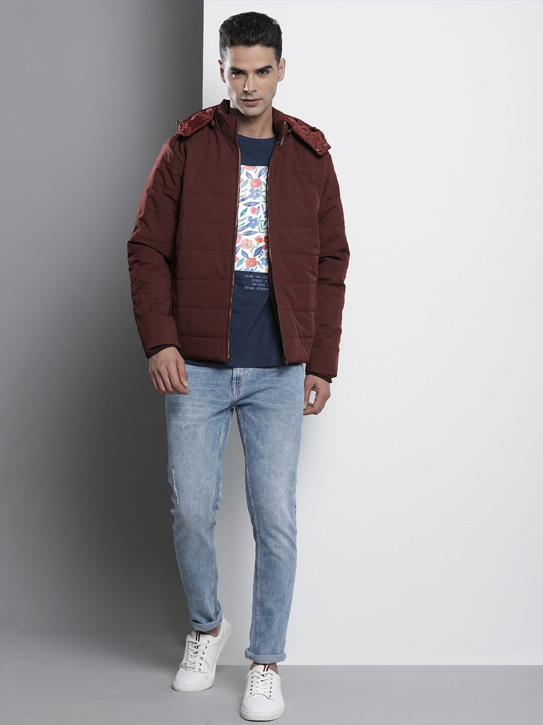 The Indian Garage Co Men Zip-Front Bomber Jacket with Detachable Hood