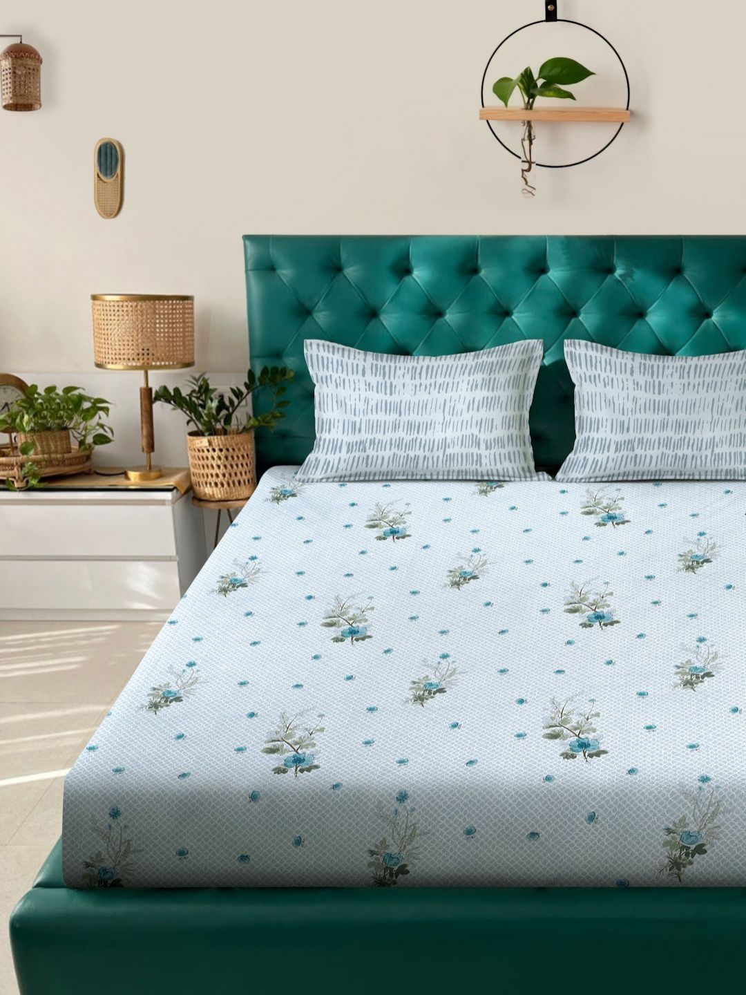 Myntra Elegant Homes Grey & Green Floral Pure Cotton 400 TC King Bedsheet Set 2.5m x 2.25m