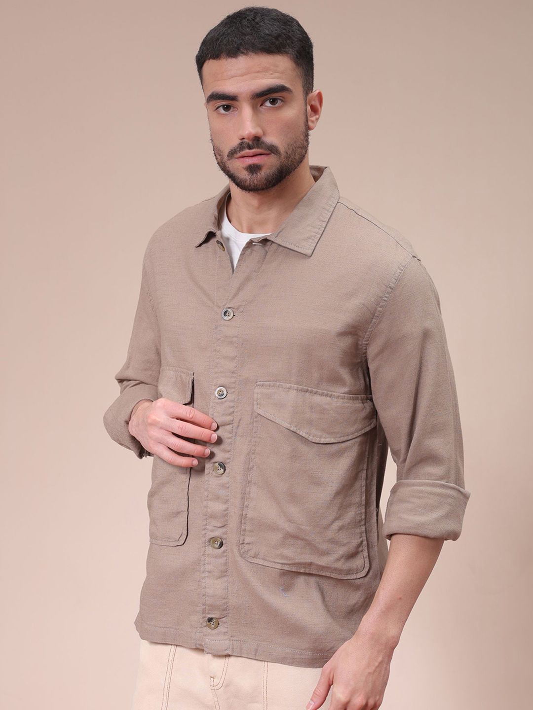 The Indian Garage Co Men Regular Fit Solid Double Flap Pocket Resortwear Overshirt