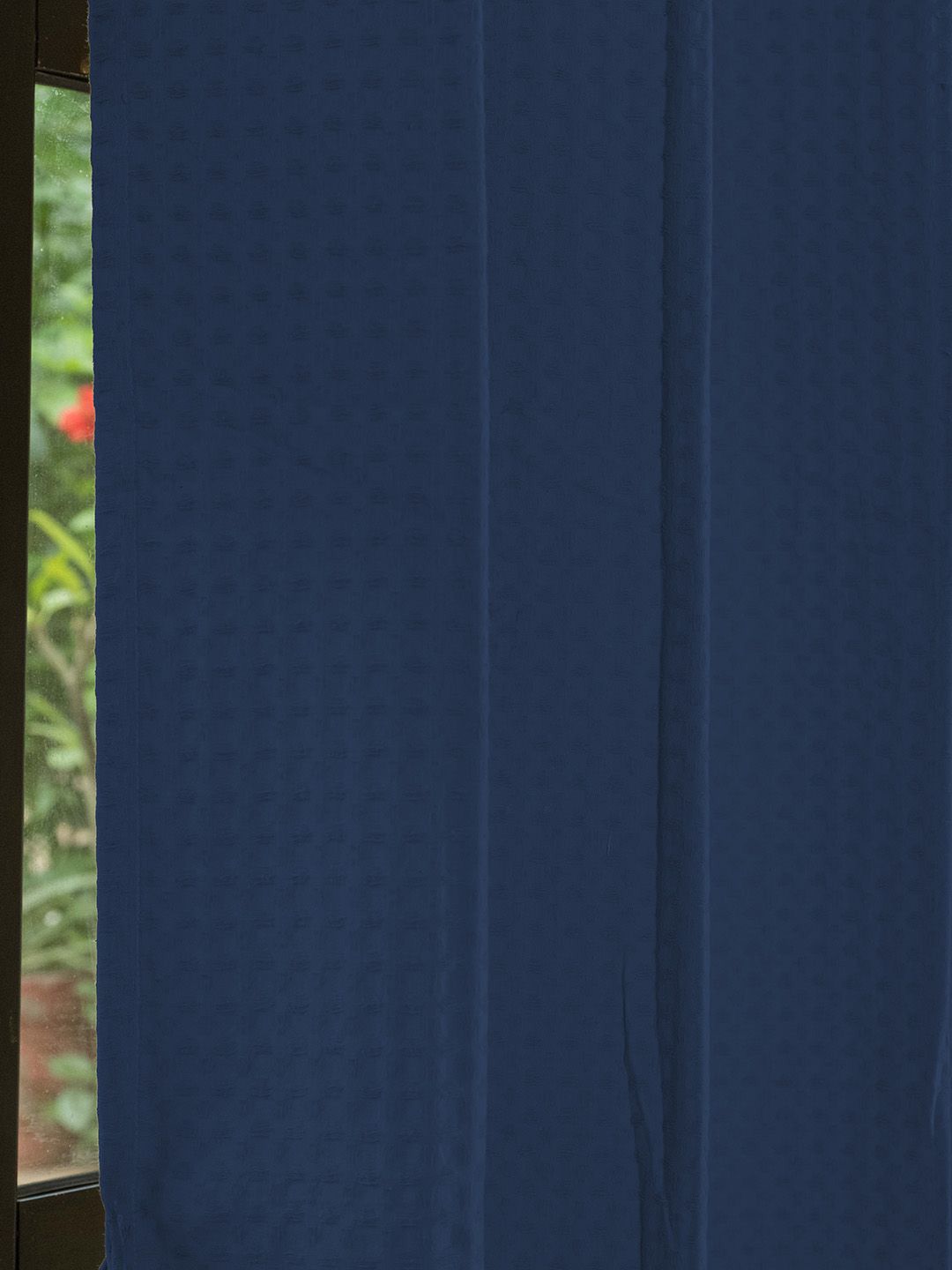 URBAN SPACE Waffle Navy Blue 2 Pieces Cotton Long Door Curtains