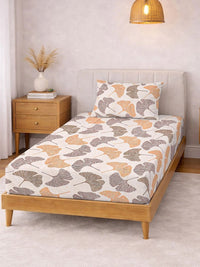 KLOTTHE Beige & Orange Floral 300 TC Single Bedsheet with 1 Pillow Covers