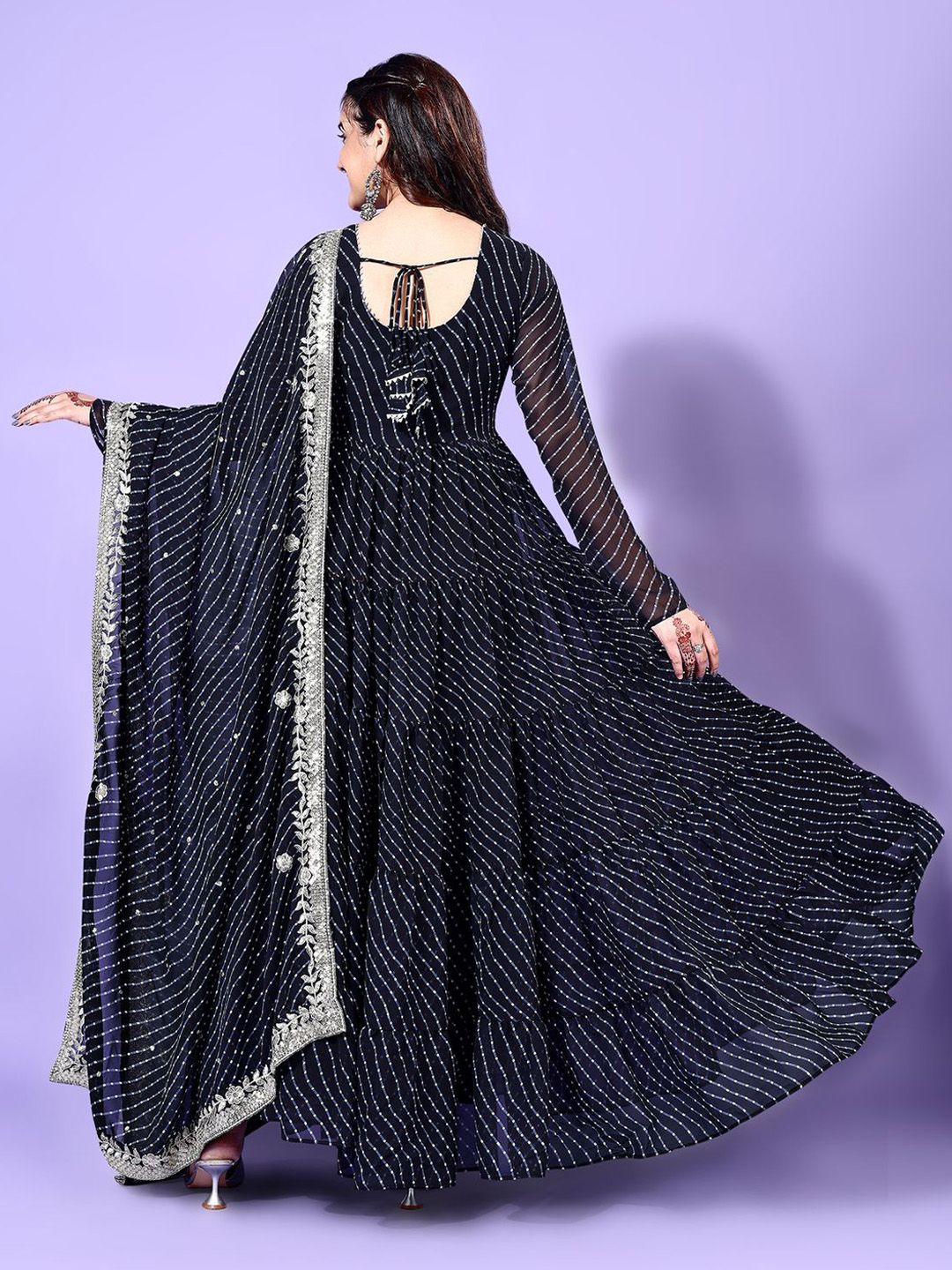 KALINI Leheriya Printed Round Neck Tiered Anarkali Kurta with Pyjamas & Dupatta