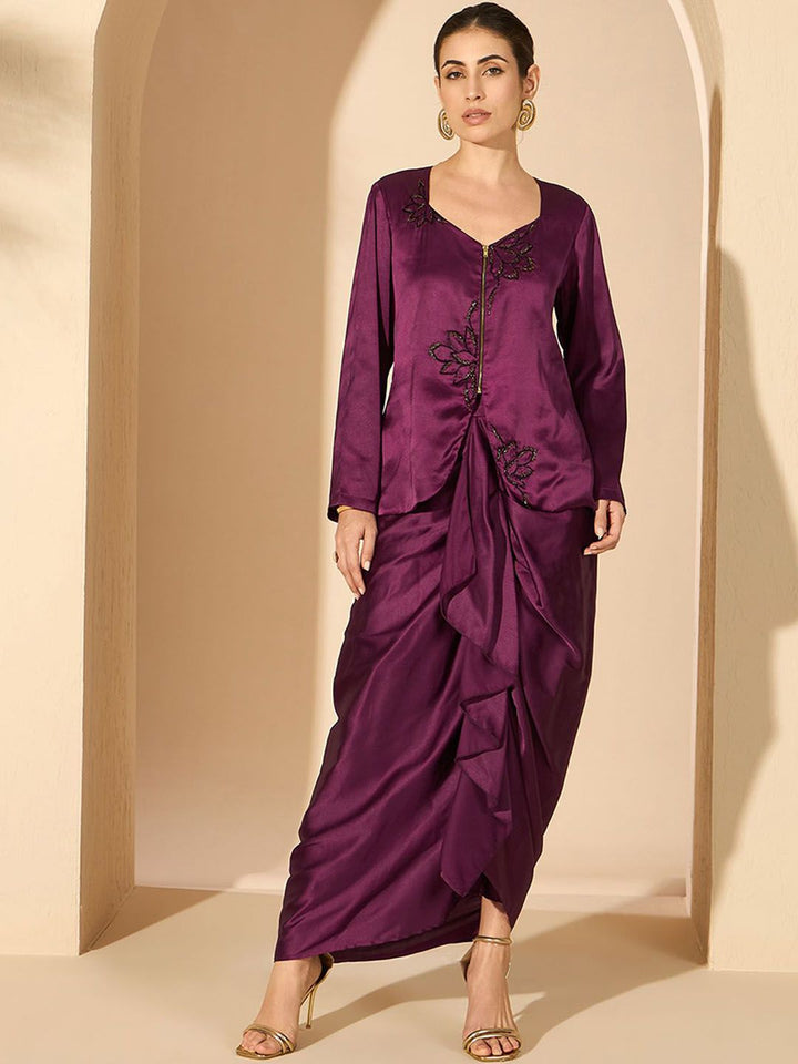 Antheaa 100% Satin Embellished Square Neck Top with Skirt