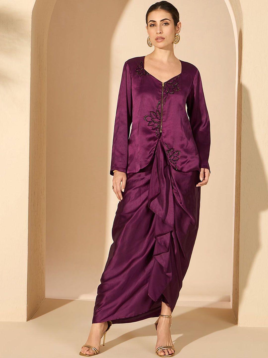 Antheaa 100% Satin Embellished Square Neck Top with Skirt