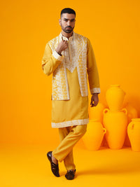 SOJANYA LUXE Ethnic Motifs Embroidered Mandarin Collar Straight Kurta & Trouser & Jacket