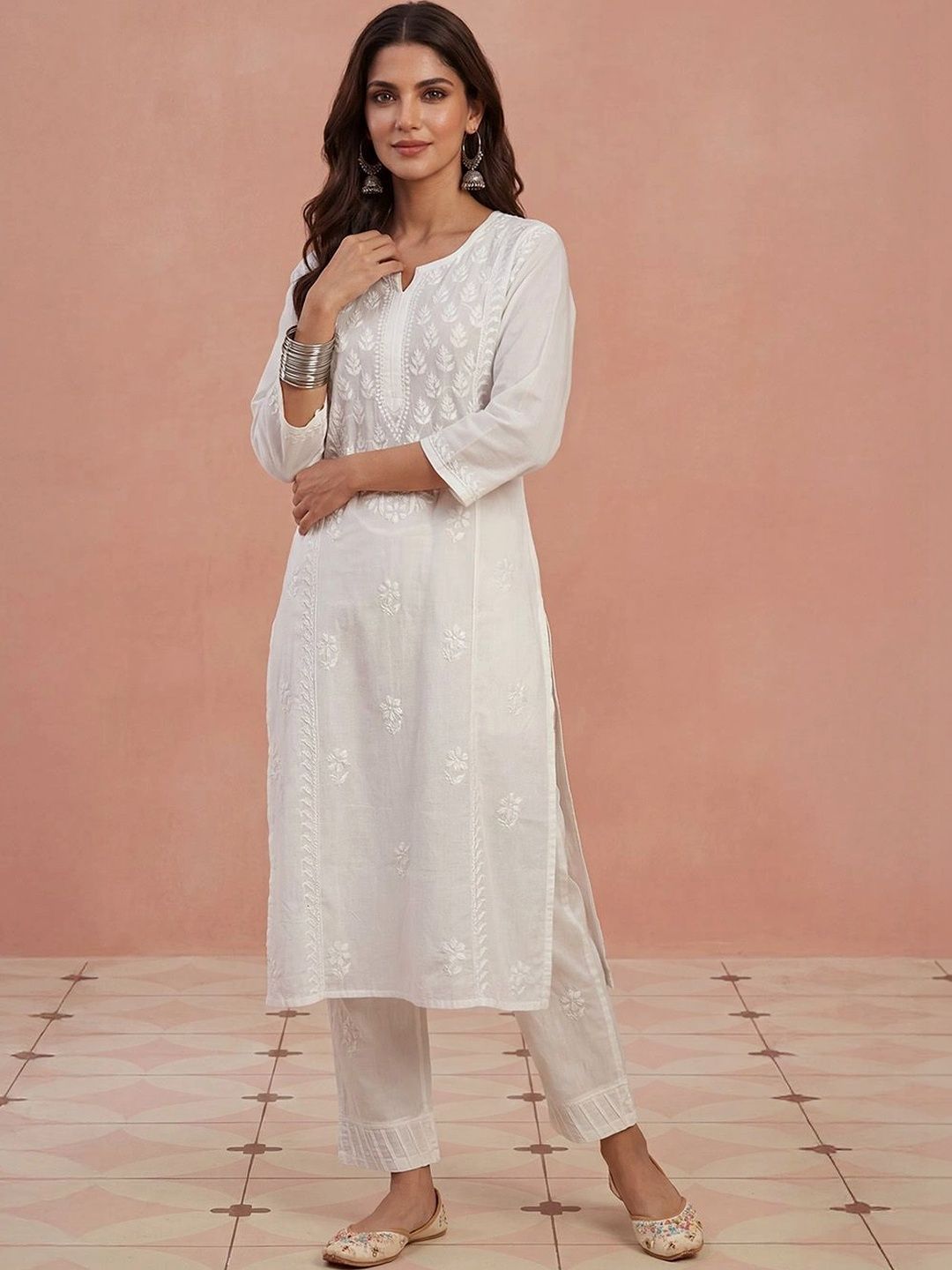 Rumah Wanita Chikankari Motif Etnik Benang Sulam Kerja Bayangan Kurta
