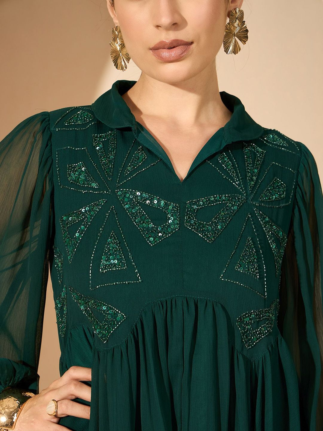 Antheaa Green Embellished Shirt Collar Tunic & Trousers