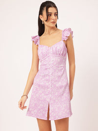 DressBerry Garden Goddess Floral Print Textured Ruffled Sleeves Mini A-Line Dress