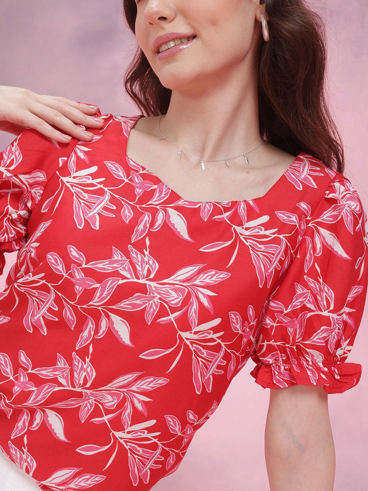 DressBerry Floral Print Sweetheart Neck Puff Sleeve Top