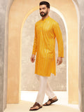 Anouk Mustard Striped Sulam Labuci Mandarin Kolar Kapas Tulen Kurta Dengan Pijama