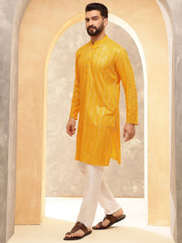 Anouk Mustard Striped Sulam Labuci Mandarin Kolar Kapas Tulen Kurta Dengan Pijama