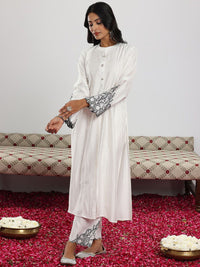 Libas White Floral Embroidered Thread Work Panelled A-Line Kurta with Trouser & Dupatta