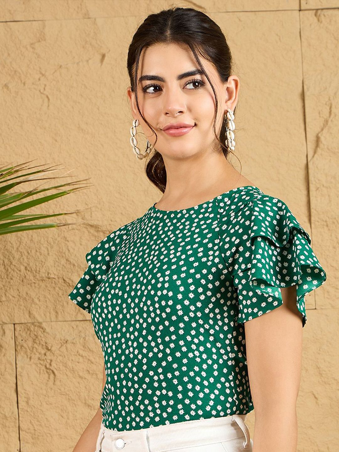 Berrylush Polka Dot Print Batwing Sleeve Ruffles Top