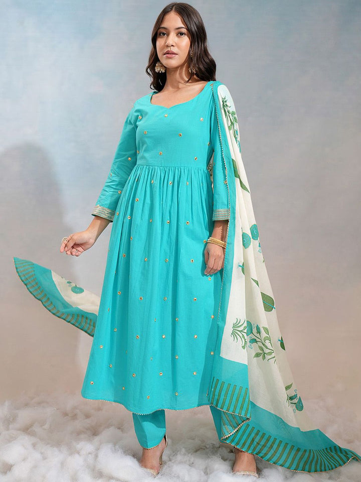 Vishudh Blue Floral Embroidered Sweetheart Neck Pure Cotton Kurta With Trousers & Dupatta
