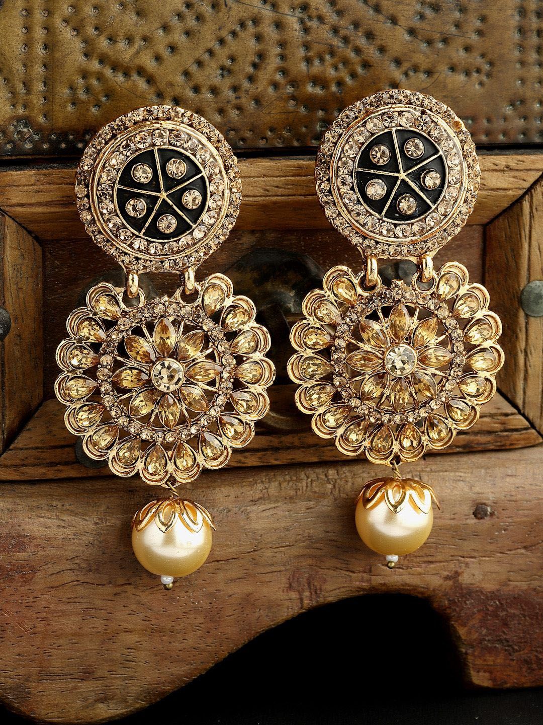 Anouk White Gold-Plated Stone Studded & Beaded Contemporary Drop Earrings