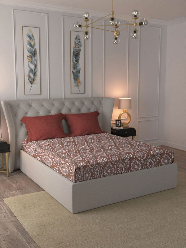 MYTRIDENT Ajrakh Red Comfort Living Flat 120TC Queen Cotton Bedsheet Set