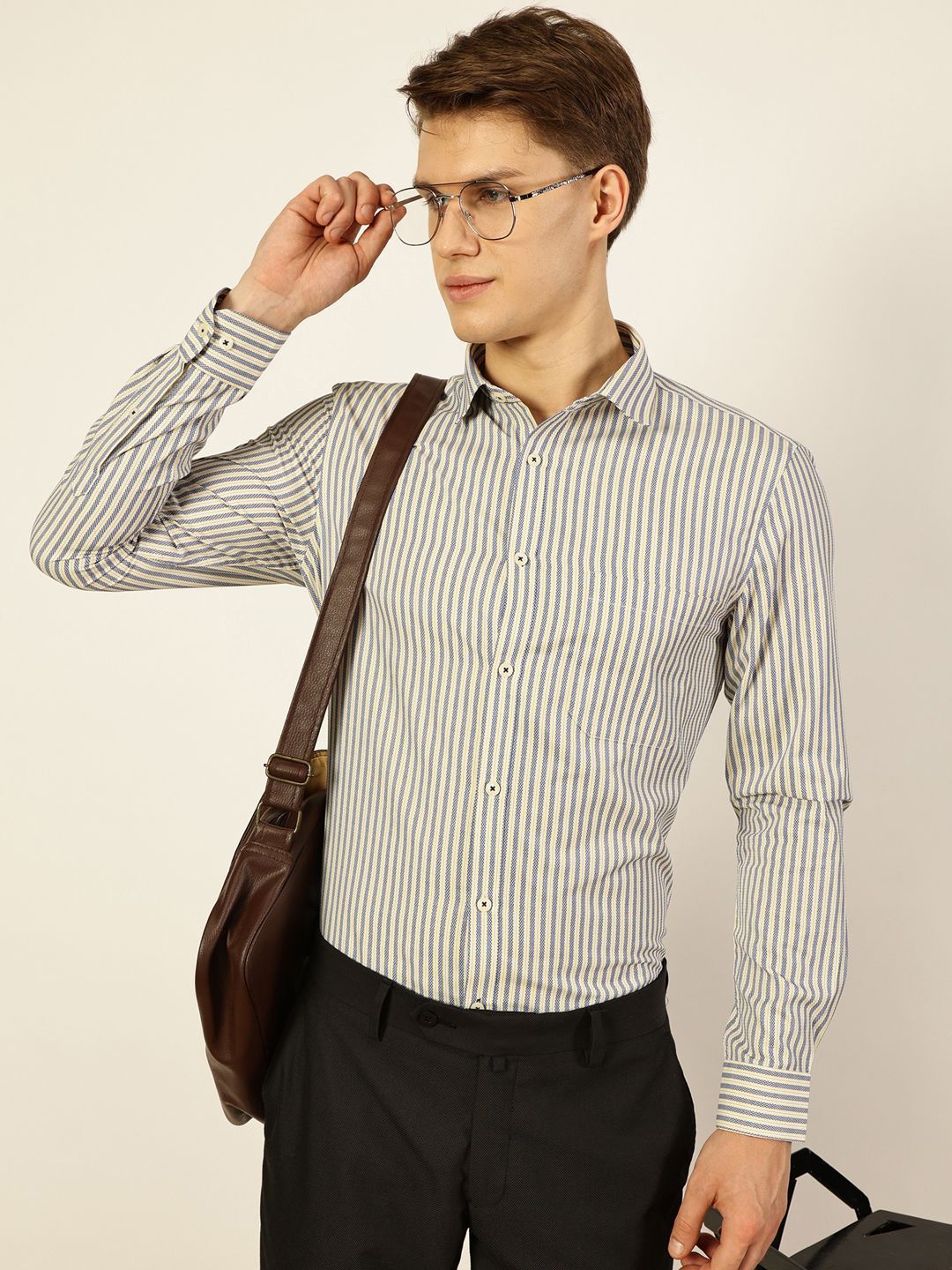 Thomas Scott Men Smart Spread Collar Pinstripes Striped Cotton Formal Shirt