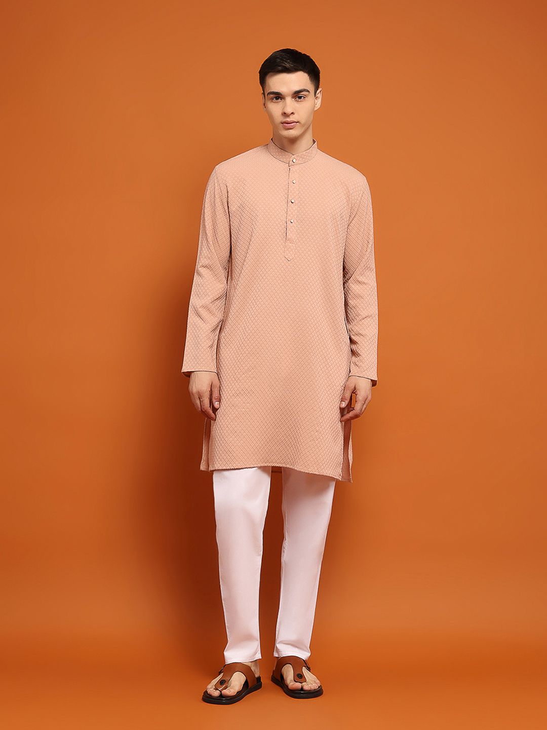 House of Chikankari Men Pink Cotton Embroidered Kurta