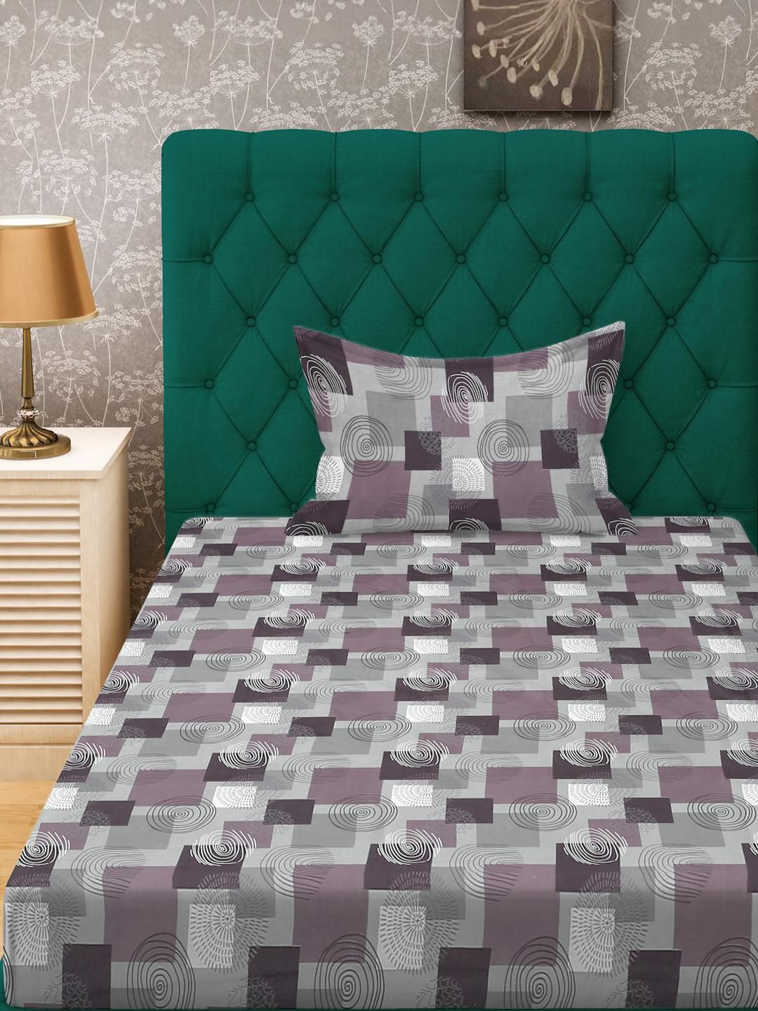 KLOTTHE Purple Geometric Cotton Single Bedsheets