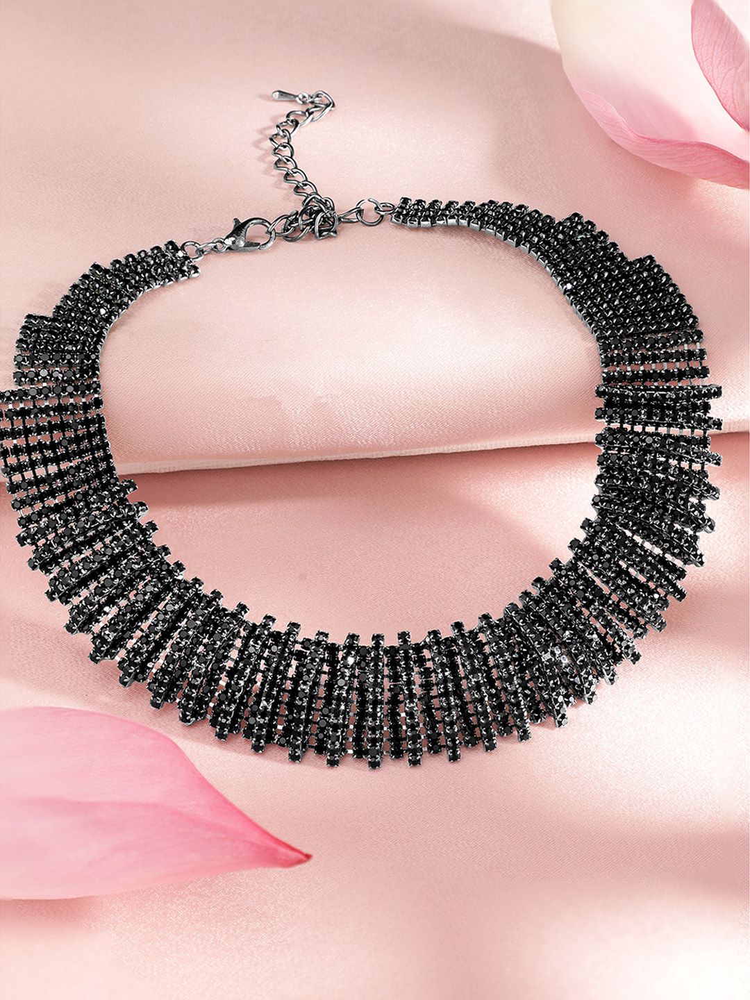 Rubans Rhodium Plated Black Oxidized Rhinestone Studded Statement Choker Necklace