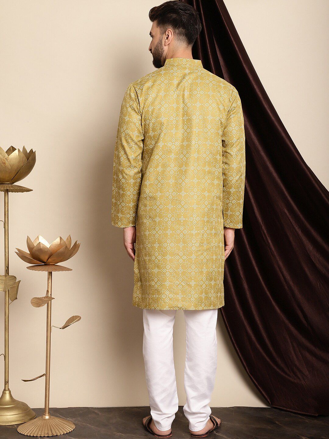 Anouk Olive Green & White Ethnic Motifs Printed Kurta With Churidar