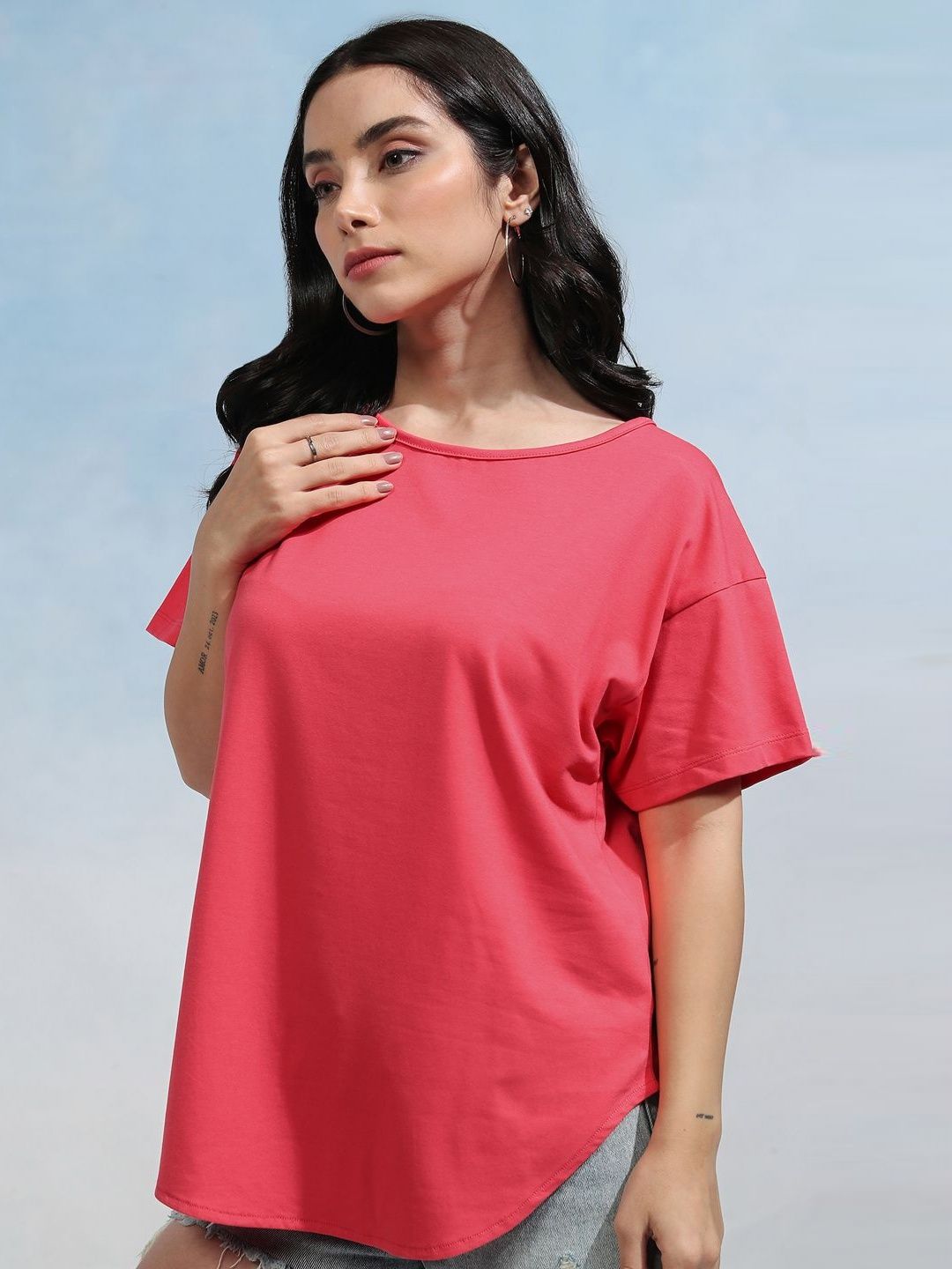 Tokyo Talkies Women Solid Boat Neck Cotton T-shirt