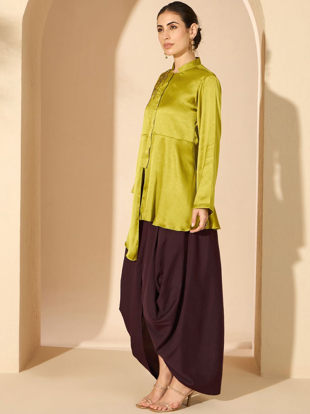 Antheaa 100% Satin Embroidered Mandarin Collar Tunic & Palazzo