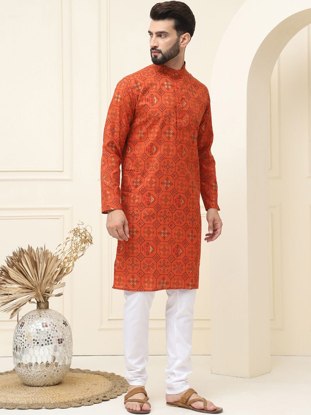 SOJANYA Ethnic Motifs Printed Mandarin Collar Cotton Linen Straight Kurta with Pyjamas