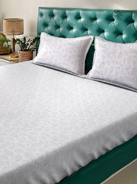 KLOTTHE White Floral Fitted 400 TC Pure Cotton Super King Bedsheet With 2 Pillow Cover