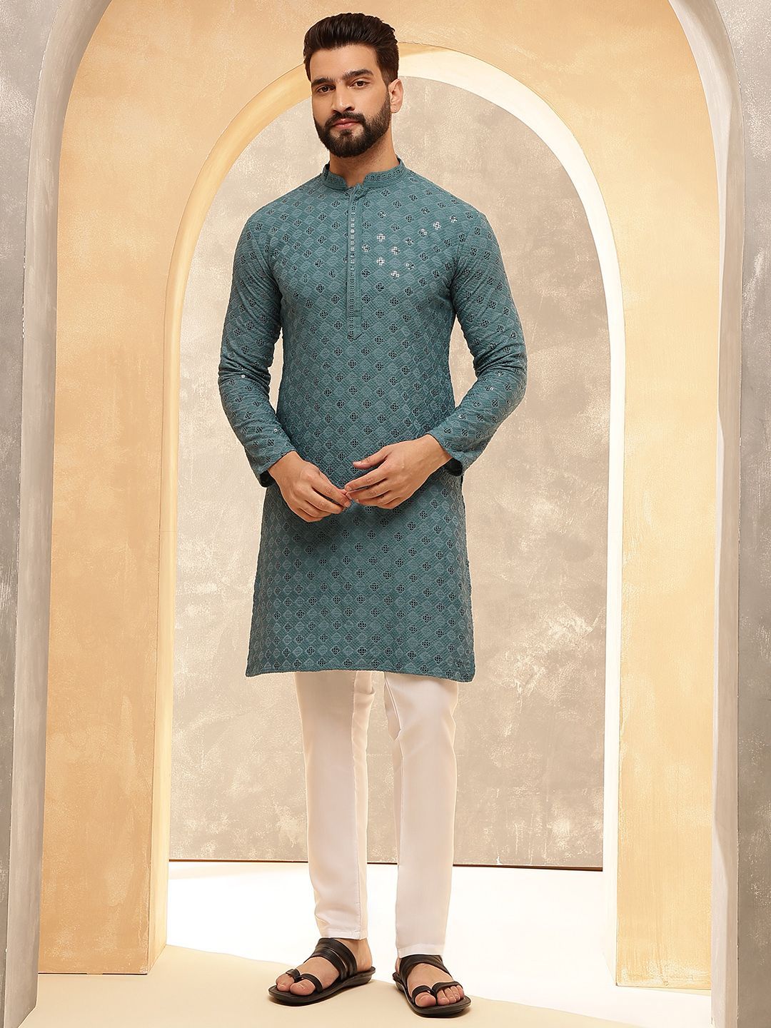 Anouk Teal Geometric Embroidered Sequinned Straight Pure Cotton Kurta With Pyjamas