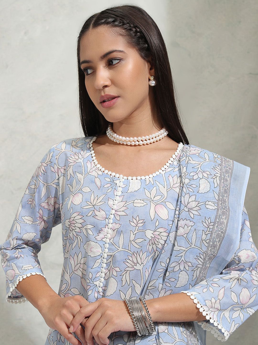 Vishudh Floral Printed Pure Cotton Straight Kurta & Trousers With Dupatta