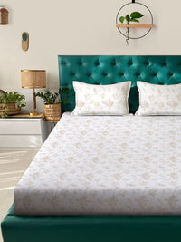KLOTTHE White Floral Printed Fitted 400 TC Cotton Super King Bedsheet With 2 Pillow Covers
