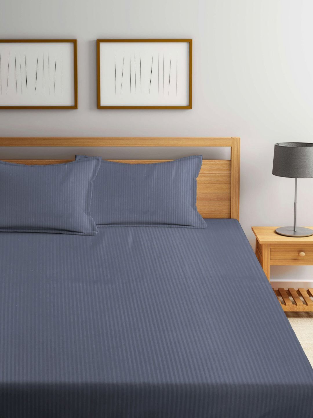 Myntra Elegant Homes Kapas Berjalur Kelabu Tanpa Kedutan 300 TC Cadar King Halus Dipasang dengan 2 Sarung Bantal-250 x 225 sm